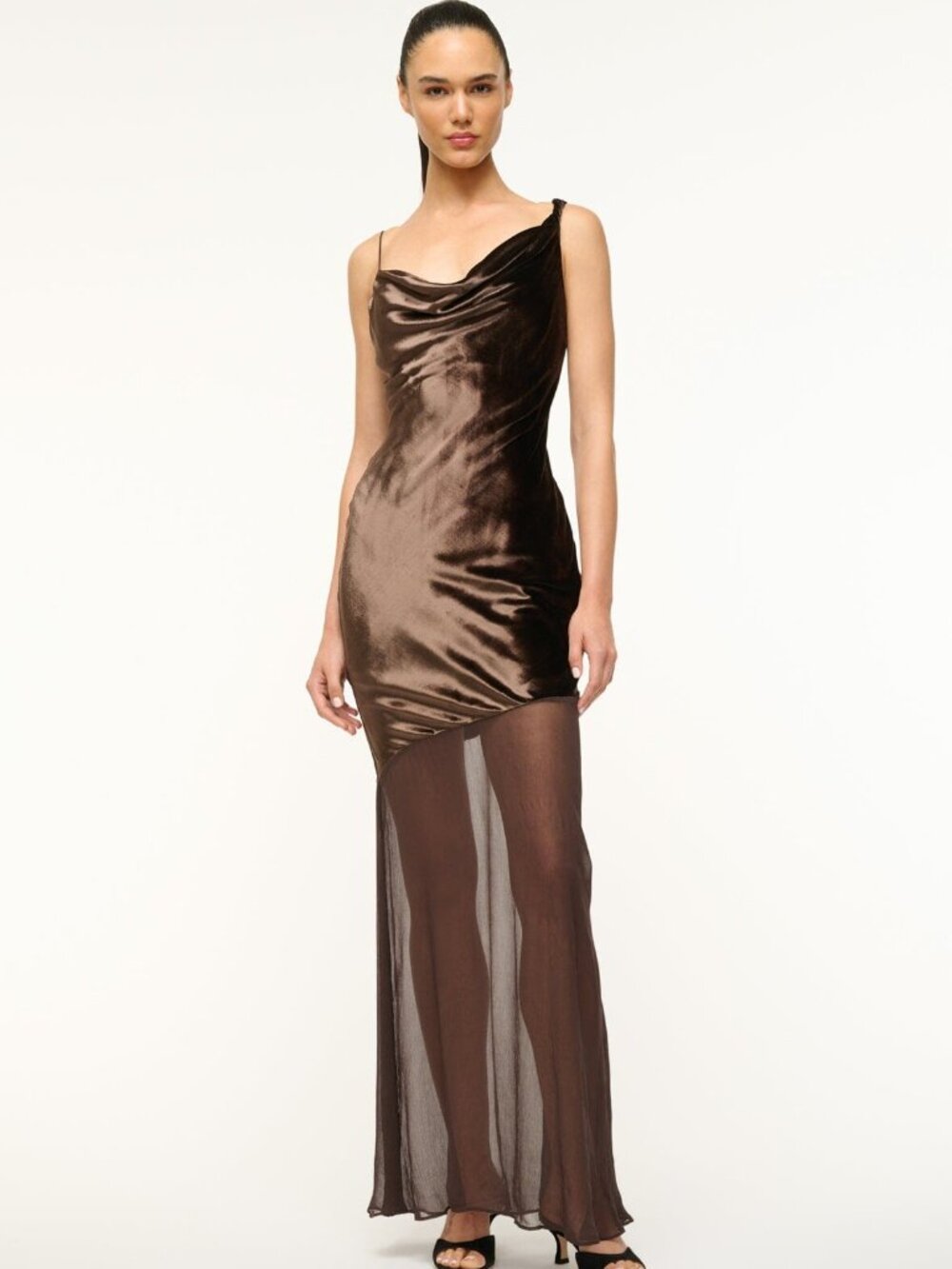 STAUD Dark Chocolate Cowl Neck Midi Dress 00